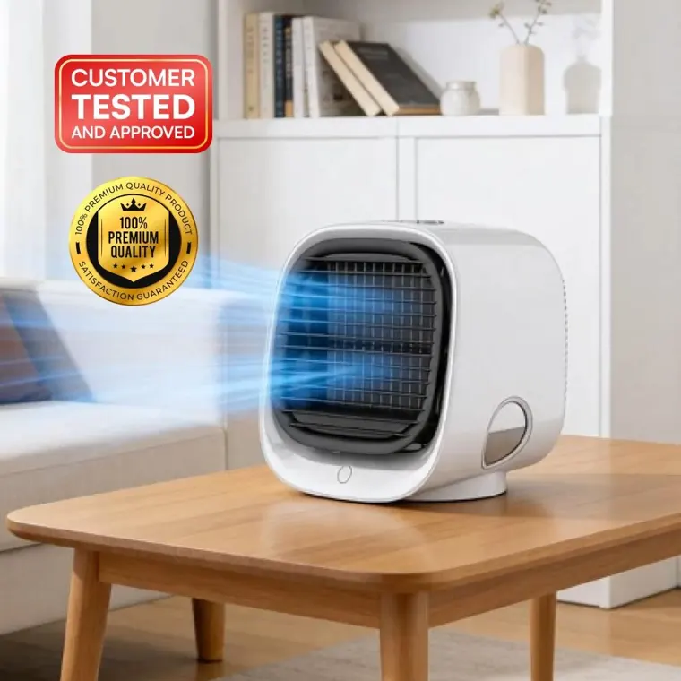 AiraBreeze portable air cooler on a bedside table