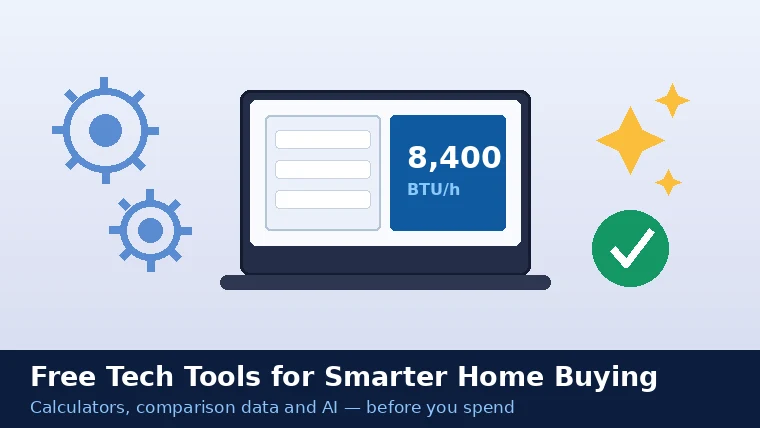 Laptop showing a BTU calculator with gear icons and an AI verification checkmark