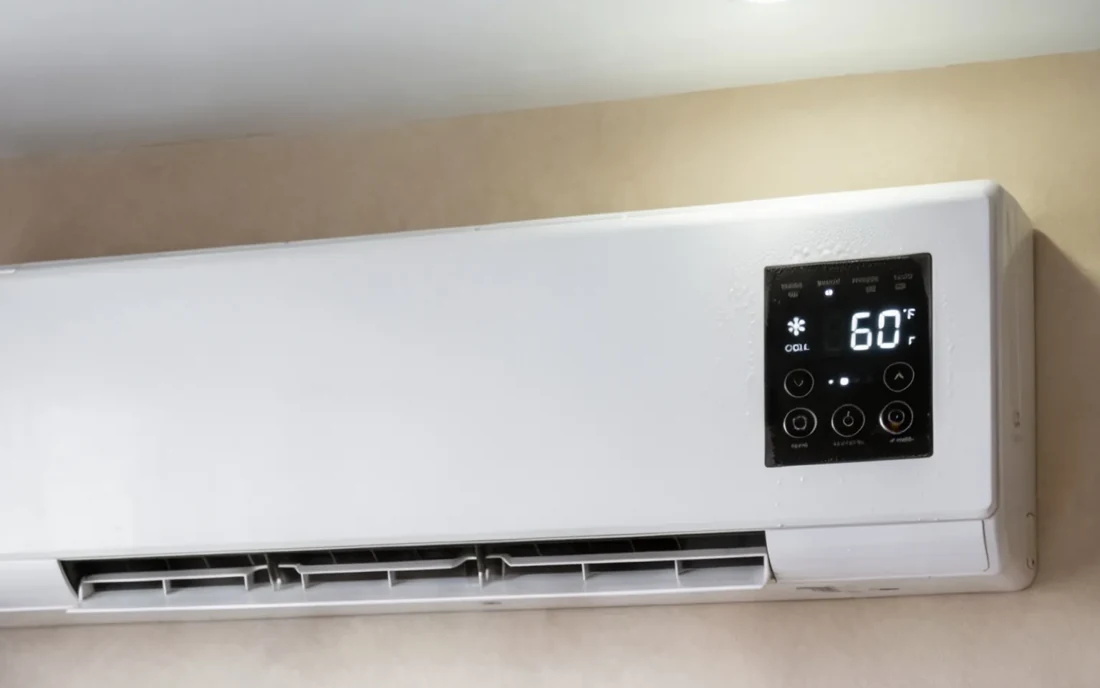 AerioQ wall unit with its display reading 60 degrees Fahrenheit