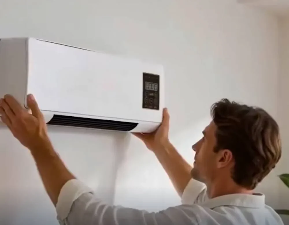Deux mains posent le BlizzAir au mur