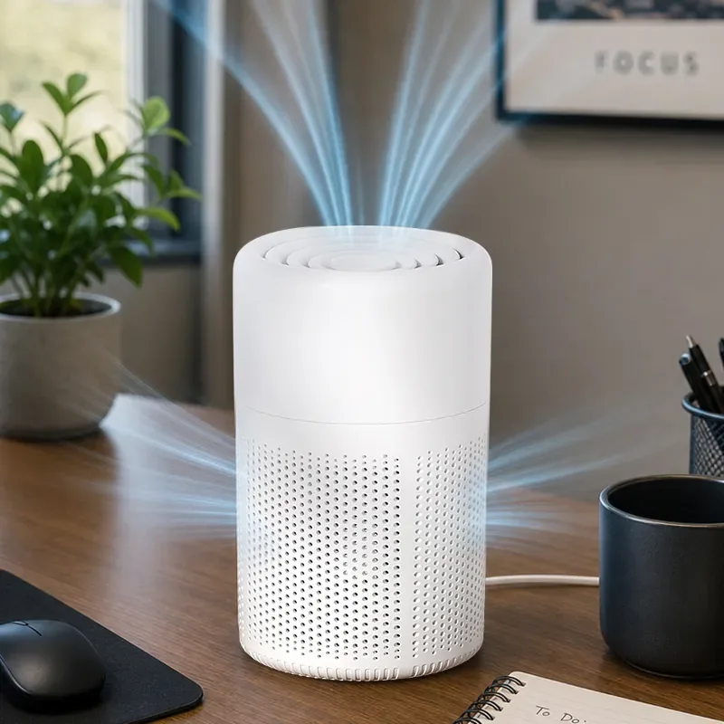 Coolizi PureAir Pro on a desk with a rendered airflow effect