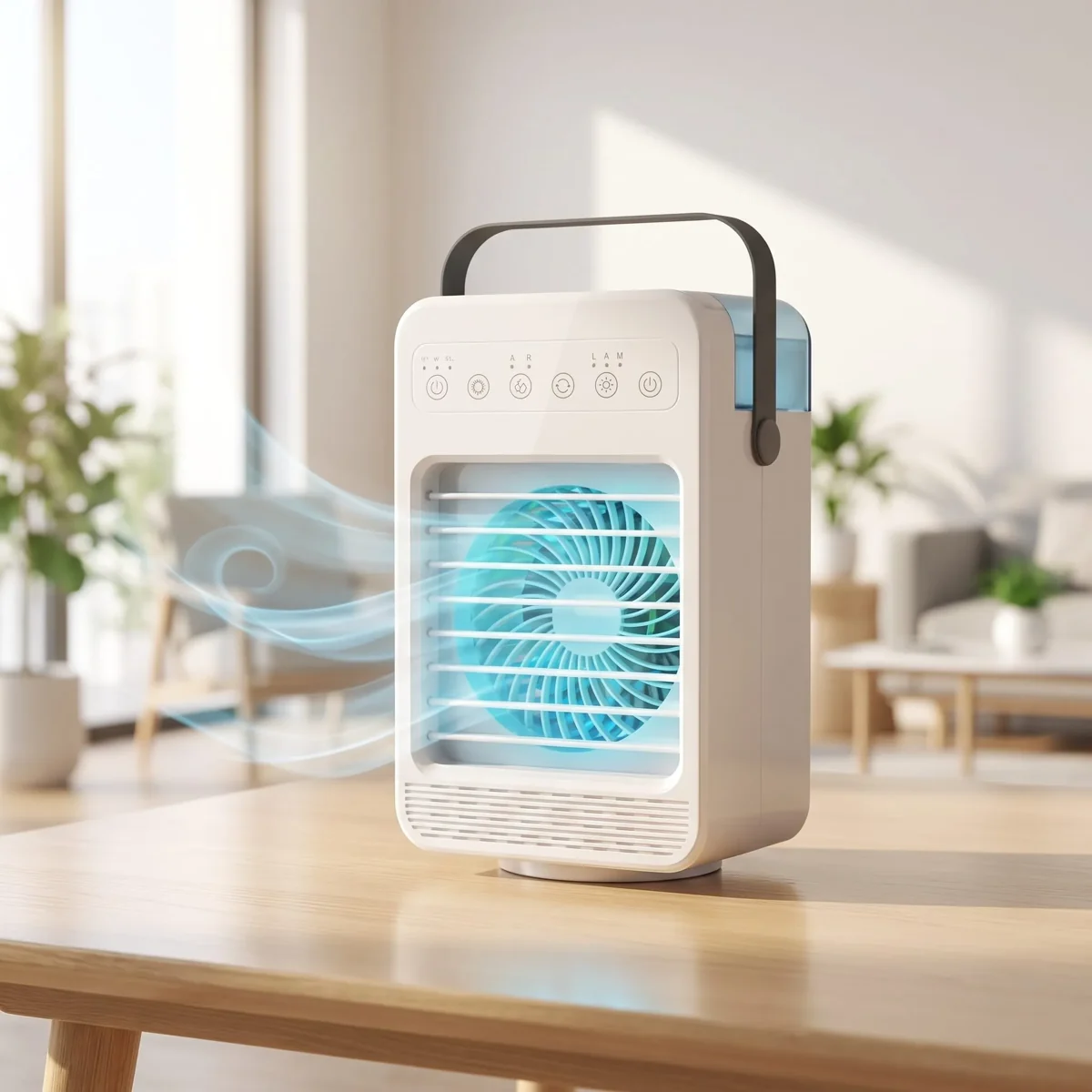 CoolJet evaporative cooler on a desk with the fan lit