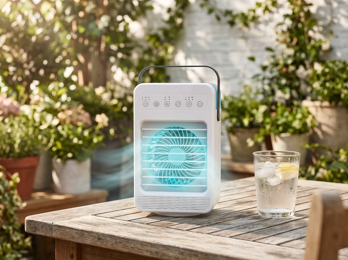 CoolJet on an outdoor table beside a cold drink