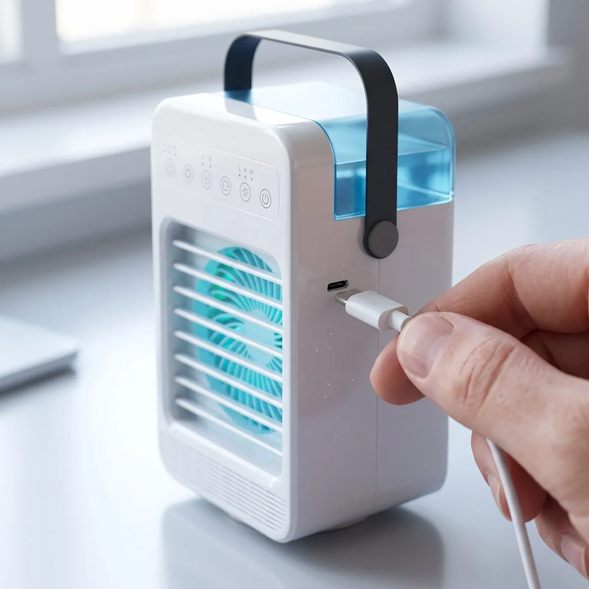 A USB-C cable being plugged into the back of the CoolJet