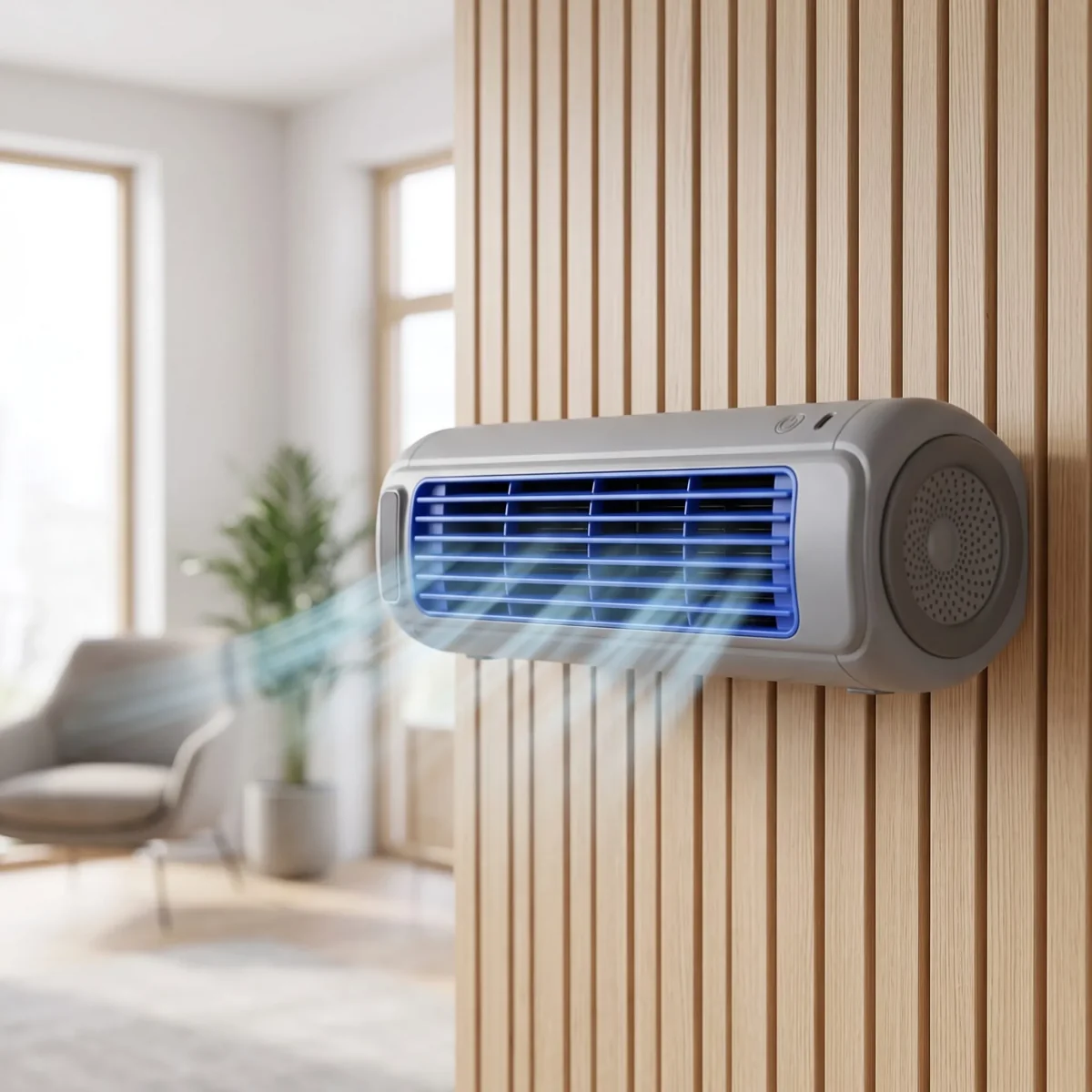 Froza mounted on a slatted wood wall, airflow rendered by the seller