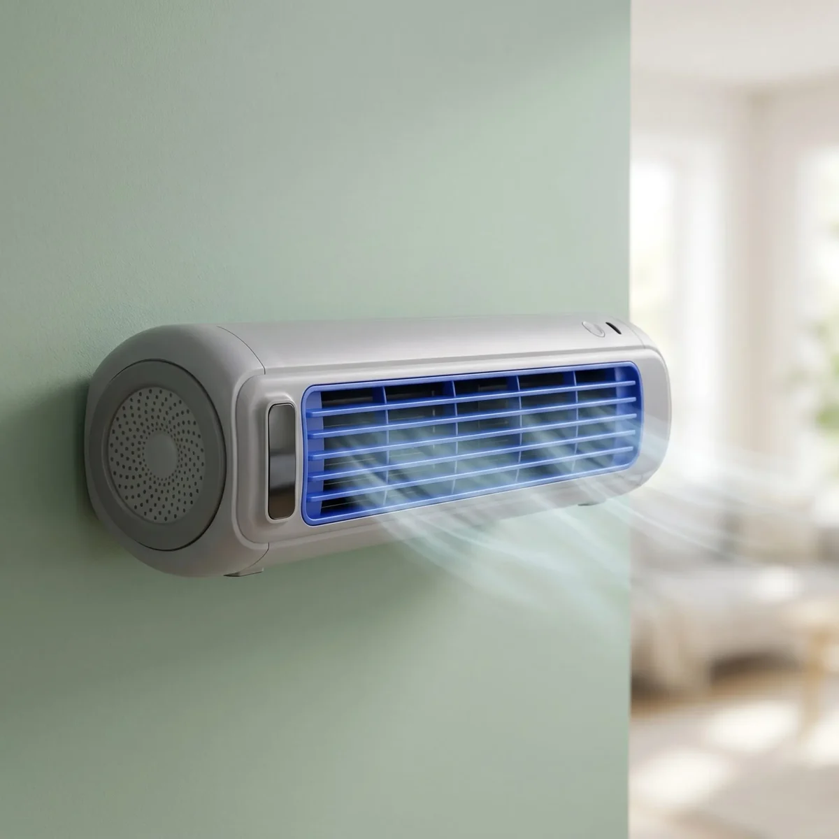 Froza mounted on a green wall, three-quarter view
