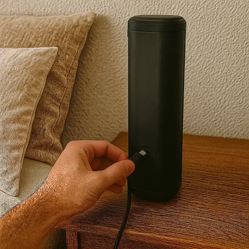 A USB-C cable being connected to the Vital Cooling Breeze on a nightstand